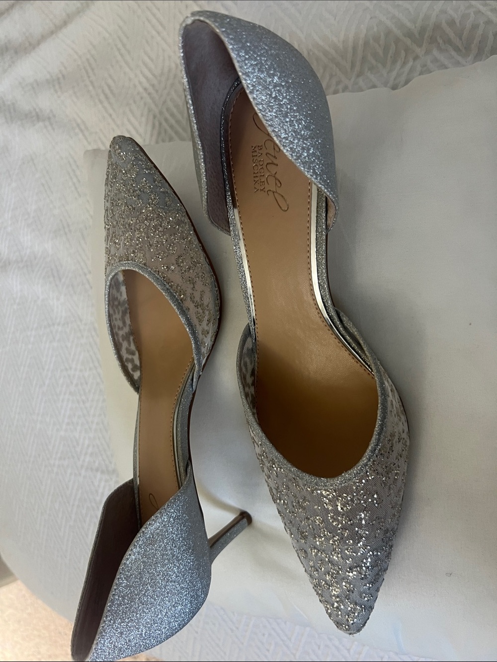 C Label Silver Glitter Pointed-Toe D'Orsay Heels with Sparkle Upper